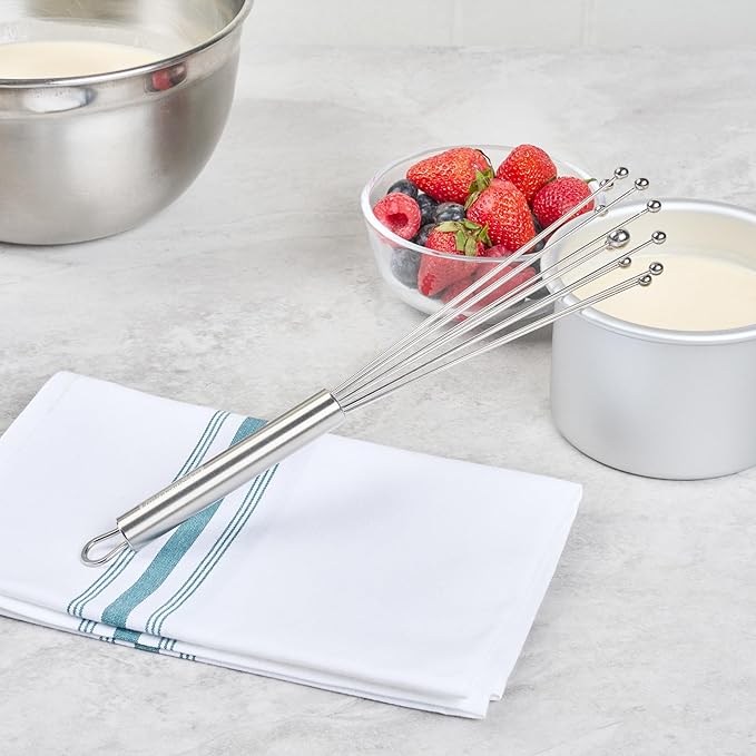 Restaurantware 10.5 in Stainless Steel Ball Whisk - 6 Pack - German Standard Egg Beater with Ergonomic Handle, Dishwasher Safe - Manual Mixer Cooking Whisk for Baking, Stirring, Sauces, Beating