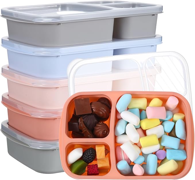 Honeydak 5 Pack Snack Containers 3 Compartment Bento Snack Boxes Divided Meal Prep Containers with Lids Reusable Adults Lunch Food Storage Box for School Work Travel(Blue Gray Brown)