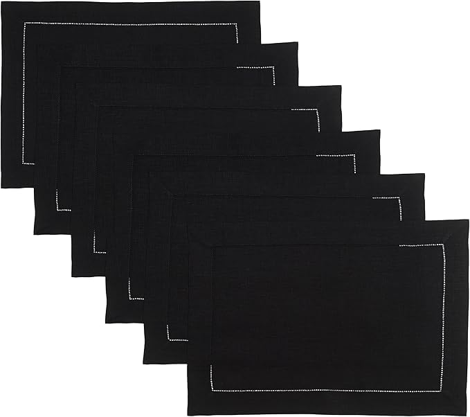 D'Moksha Homes Linen Placemats Set of 6 - Classic Hemstitch Black Placemats 14 x 19 Inch - 100% Pure Linen Table Mats for Spring - Handcrafted and Machine Washable