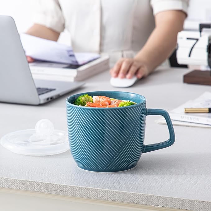 Ceramic Soup Bowl with Lid & Handle: 32 oz Microwave Safe Food Container for Ramen Noodles Cereal Leftovers - Extra Large Mugs for Breakfast Lunch Picnic Camping - Sky Blue, Set of 2