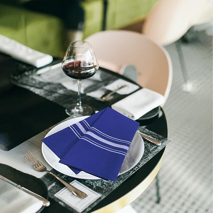 Bistro Restaurant Stripe Cloth Napkins Set of 12, Commercial Quality 18 x 22 Inches, MJS Linen Dinner Napkins Cloth Washable, Solution Dyed, Never Fade, Soil Release, Royal Blue White Stripes