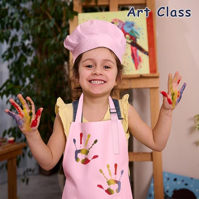 Kids Apron and Chef Hat Set, 30 Pieces Boys Girls Kids Apron with 2 Pockets Adjustable for Cooking Classroom Baking Painting, 6-13 Years, Multicolor