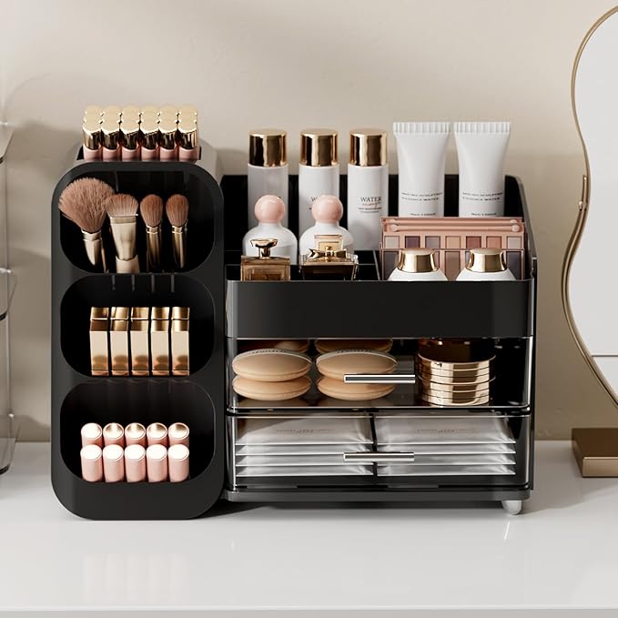 Makeup Organizer for Vanity with Brush Holder, Large Plastic Bathroom Countertop Skincare Organizer with 2 Drawers, Spacious Cosmetic Display Case for Perfumes, Eyeshadow Palettes, Nail Polishes
