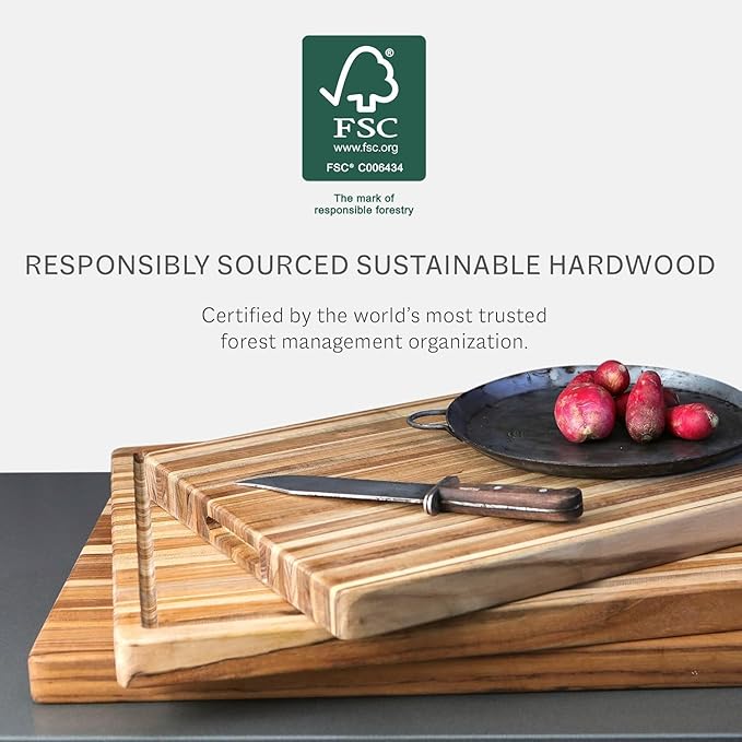 Teakhaus Carving Board and Cutting Board Oil Set - Includes Large (L) Wood Cutting Board with Grip Handles and EON Food Grade Mineral Oil - Knife-Friendly - FSC Certified