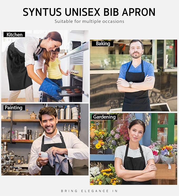 Syntus 12 Pack Bib Apron, Unisex Aprons Adjustable Thicker Version Waterdrop Resistant with 2 Pockets Cooking Kitchen Aprons for Women Men Chef, BBQ Drawing Apron Bulk, Black