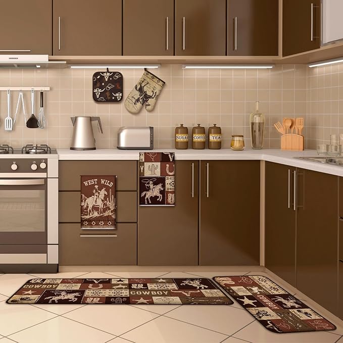 Fourluoo 10 Pcs Western Cowboy Kitchen Decor Brown Oven Mitts and Pot Holders Kit Western Cowboy Kitchen Accessories Vintage Dish Towels Farmhouse Rugs Mats for Home Cooking Baking Housewarming Gifts