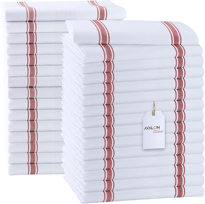 Avalon Kitchen Dish Towels Set (Value Pack of 30) Size 15x25 Inch, 100% Cotton Soft & Absorbent Kitchen Towels, Tea Towels, Reusable Cleaning Cloths for Household Cleaning (Red)