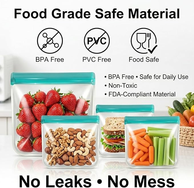 10 Pack Reusable Silicone Food Storage Bags - Leakproof Freezer Bags for Sandwich & Snack - BPA Free, Dishwasher Safe Eco-friendly Lunch Bags for Marinating Meat, Fruit, Travel | 8.6"W × 5.3"H
