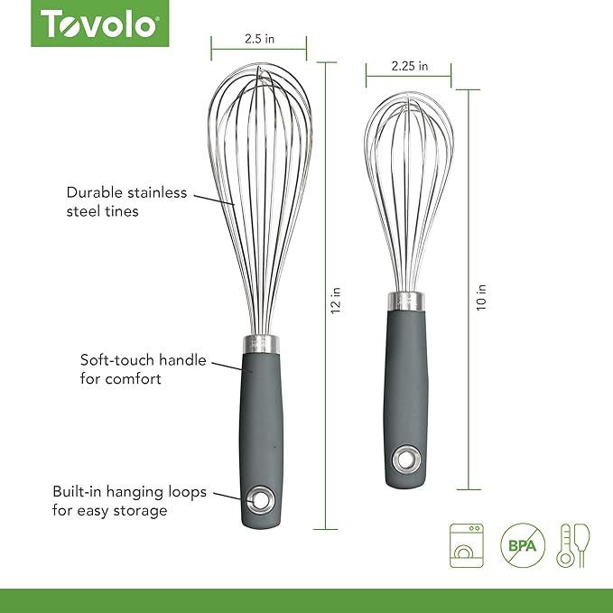 Tovolo Wire Whisk Set of 2 for Baking Cooking Mixing Whisking, 10" & 12" Inch Stainless Steel Wire Kitchen Whisk Set Balloon Design Sturdy Comfort Grip Handle BPA Free Dishwasher Safe, Charcoal Gray