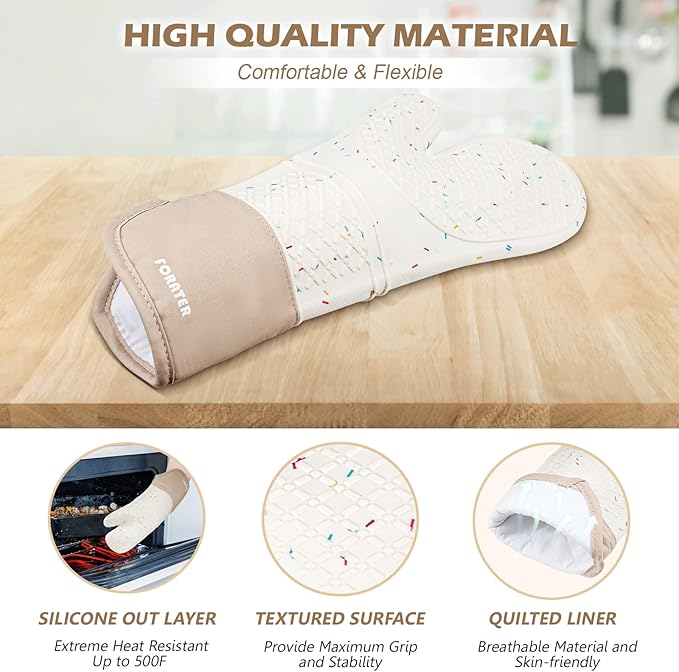 Extra Long Oven Mitts and Potholders 6Pcs Set, 500°F Heat Resistant Kitchen Oven Gloves 15'' Oven Mitts with Non-Slip Silicone Surface Soft Cotton Lining for Cooking, Baking and Grilling - Milky White