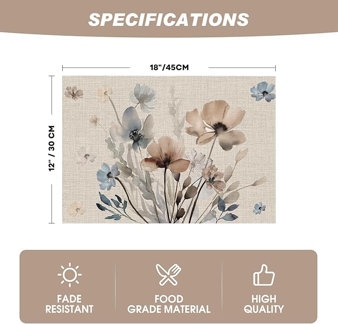 Artoid Mode Brown Poppy Floral Vinyl Spring Placemats Set of 6, Wipeable Plastic Woven PVC Table Mats for Party Kitchen Dining Decor, 12x18 Inch