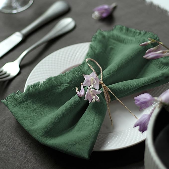 Handmade Cloth Napkins 100% Cotton Napkins with Fringe，Delicate Handmade Cloth Napkins for Dinners, Parties, Weddings and More，18 x 18 Inch Set of 4 - Green