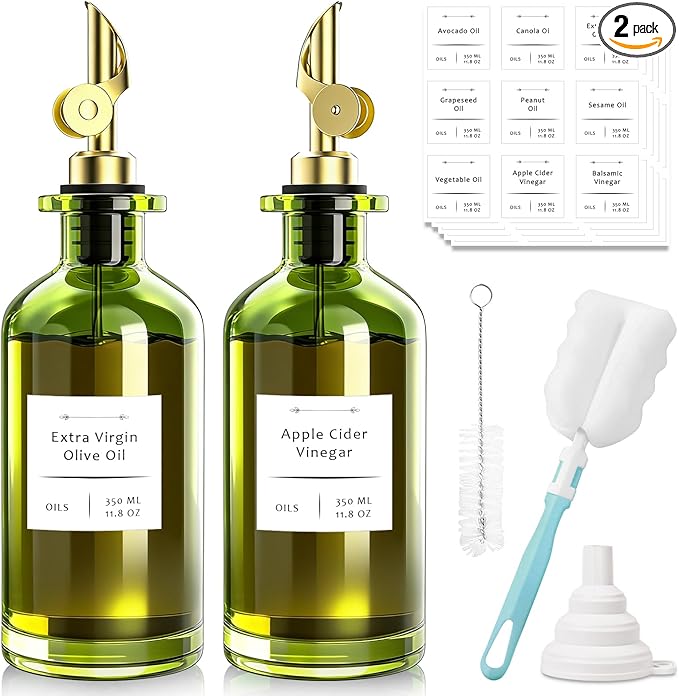 COOLMI Oil Dispenser for Kitchen - 12oz/350ml, Set of 2 Extra Thick Food Grade Glass Olive Oil Dispenser Bottle with Cleaning Brush, Stickers and Funnel (Gold)