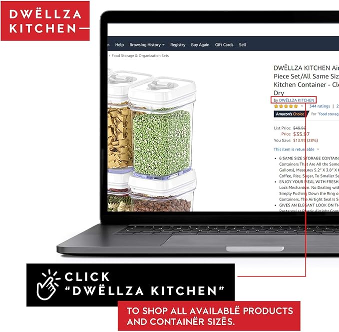 DWËLLZA KITCHEN Airtight Food Storage Containers for Pantry With White Lids 1L - 6 Pack - Clear Plastic Air Tight Kitchen Containers Pantry Organization and Storage BPA-Free Keeps Food Fresh & Dry