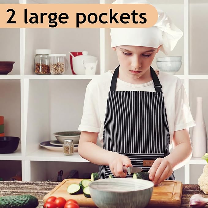 2 Pack Stripes Kids Apron, Kids Cooking Aprons with 2 Pockets, Cute Aprons for Cooking for Boys and Girls