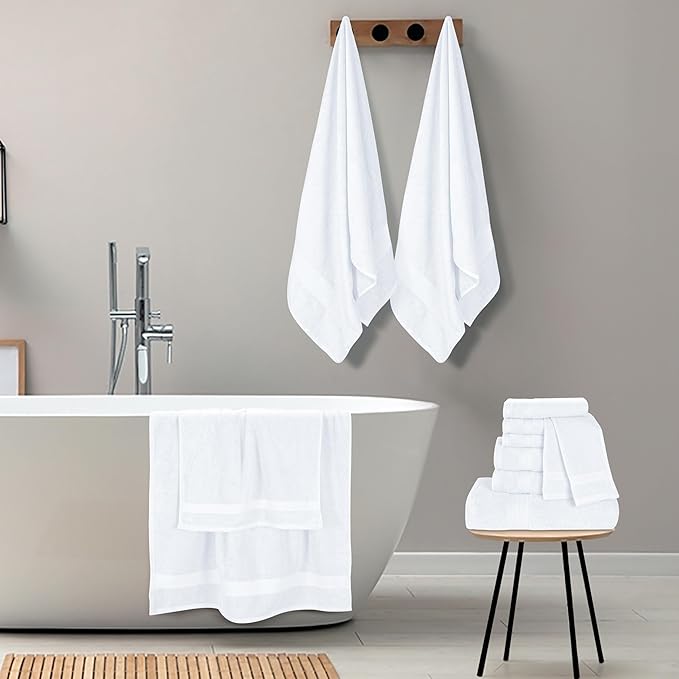 GLAMBURG Ultra Soft 24-Piece Towel Set - 100% Pure Ringspun Cotton, Contains 8 Oversized Bath Towels 27x54, 8 Hand Towels 16x28, 8 Wash Cloths 13x13 - Ideal for Everyday use, Hotel & Spa - White
