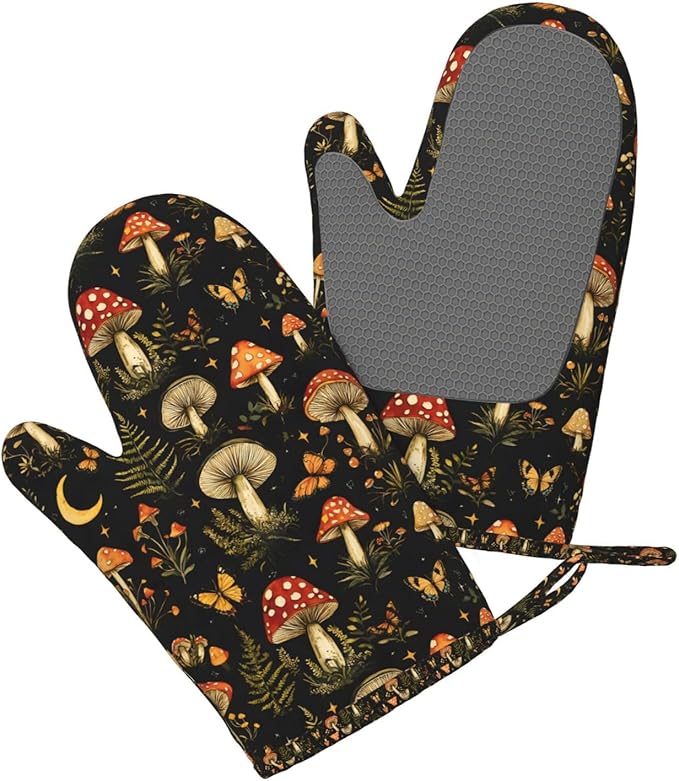 Forest Mushroom Silicone Oven Mitts Set of 2, Heat Resistant up to 500°F, Kitchen Oven Gloves with Non-Slip Grip and Soft Cotton Lining for Baking, Cooking and BBQ