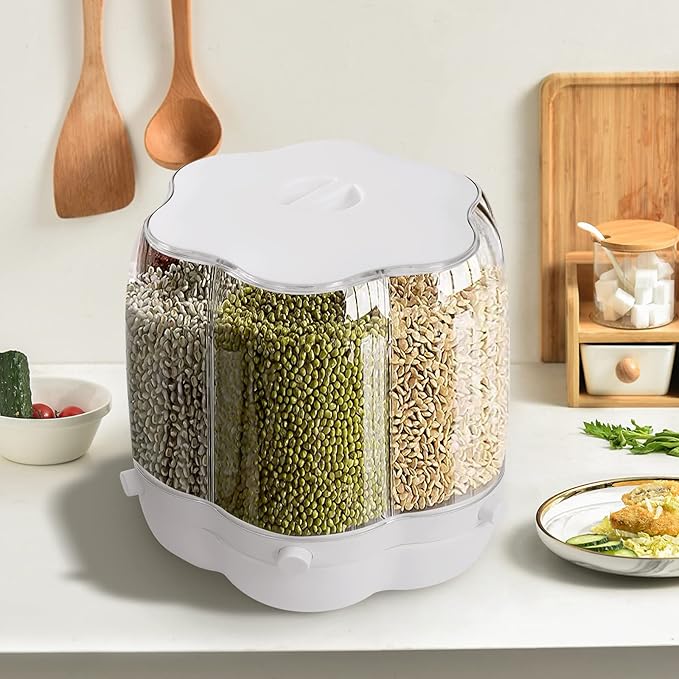 Large Rotating Rice Dispenser 6-Grid Cereal Containers Storage White Rice Bucket Whole Grains Rice Container Storage with Lid Dry Food Dispenser Storage Box for Kitchen (8kg/17.64lbs)