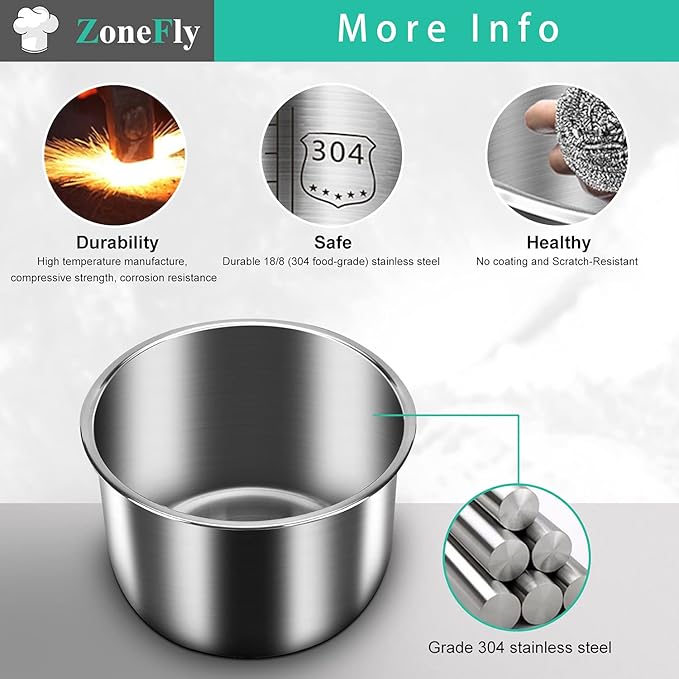 6Qt Power Cooker XL Replacement Inner Pot Stainless Steel Compatible with 6 Quart Power Pressure Cooker PPC770 PPC771 PPC770-1 PRO PCXL-PRO6 YBD60-100 WAL1 WAL2 Stainless Steel Inner Pot Parts - 6 QT