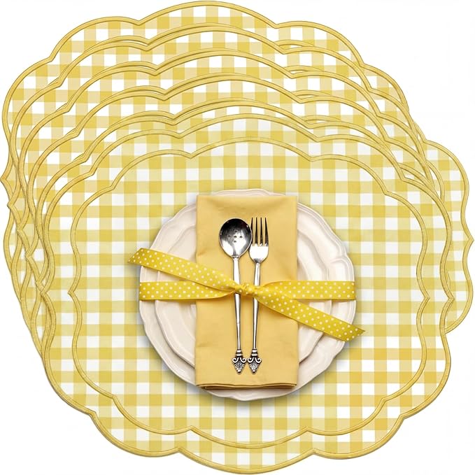 Breling Set of 6 Yellow Gingham Placemats Scalloped Embroidered Cotton Linen Placemats 17" x 13" Double Layered Machine Washable Table Place Mat for Wedding Birthday Baby Shower Party Table Decor