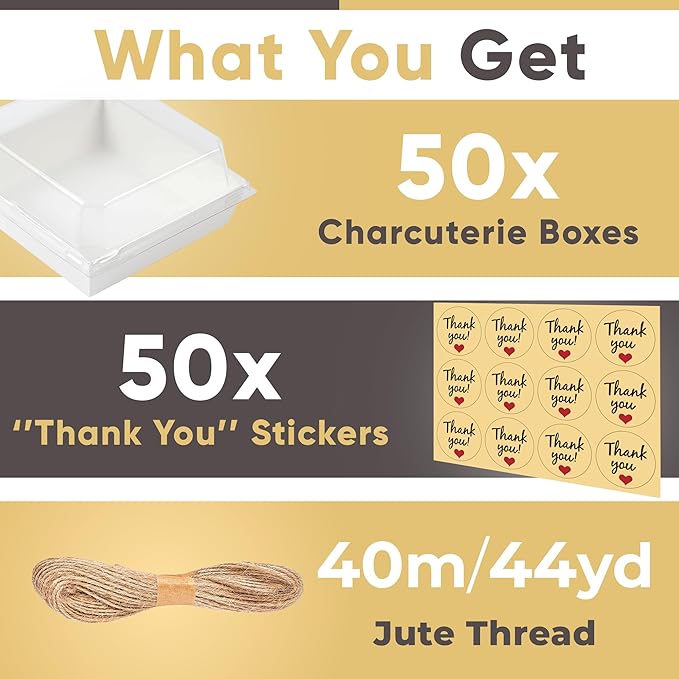 Leafiew 50 Pack Small Charcuterie Boxes with Clear Lids - To Go Paper Mini Charcuterie Box, Disposable Food Containers, 5Inch Dessert Boxes - Sandwich, Cookie, Sushi, Cake Slice, Strawberries (White)