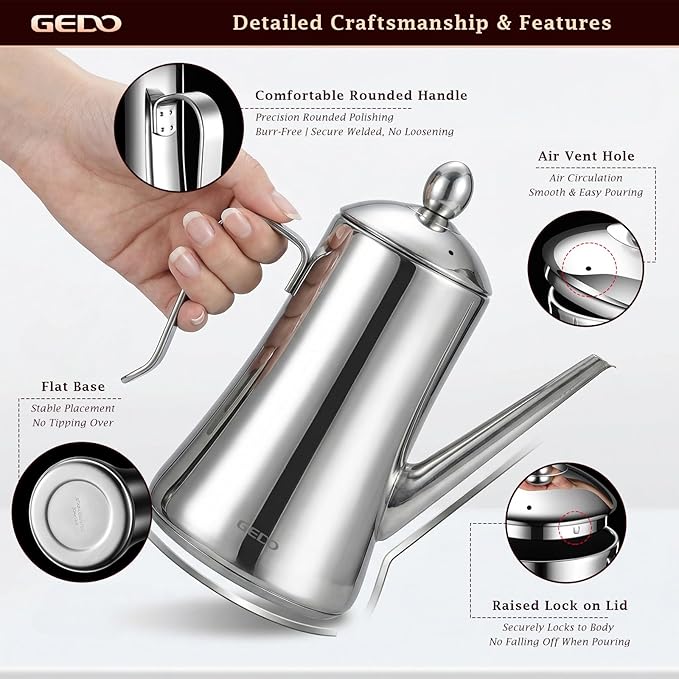 GEDO 304 Stainless Steel Oil Dispenser, Eagle Beak Drip-Free Spout Oil Pot with Extra Wide Mouth & Air Vent Lid, Large Capacity for Kitchen Cooking & Outdoor Grilling (1.05QT / 1000ml)