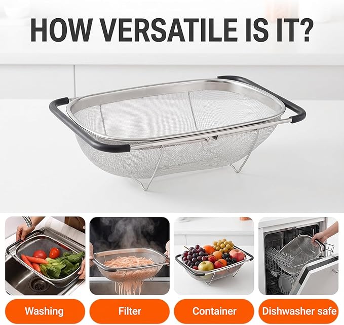 Over The Sink Colander, Fine Mesh Stainless Steel Strainers and Colanders, 6 Quarts Stainless Steel Oval Colander with Expandable Rubber Grip Handle, Steel Colander for Strain, Drain, Rinse