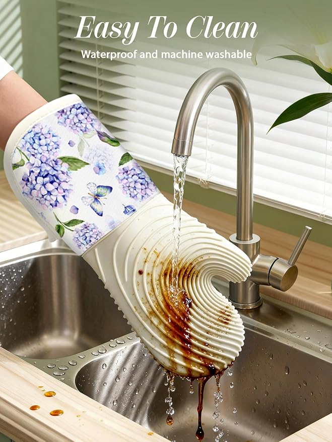Slohif Long Silicone Oven Mitts Heat Resistant for Women - 2 Pcs Blue Flower 100% Cotton Oven Gloves, Non-Slip and Waterproof Silicone Oven Mitts with Hanger for Baking and Cooking
