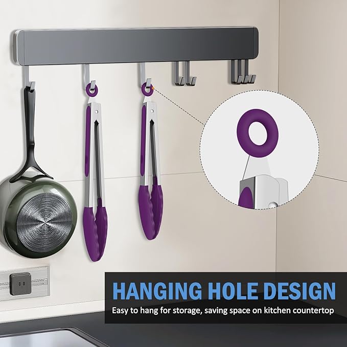 Kitchen Tongs, Stainless Steel Cooking Tongs with Silicone Tips, 600ºF High Heat-Resistant Non Scratch Locking Tongs for Cooking BBQ Grilling Air Fryer Pans, Set of 3 (7" 9" and 12") Purple