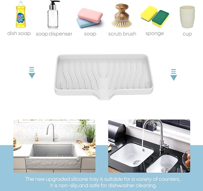 Kitchen Sink Tray,Self Draining Kitchen Soap Tray Soap Holder Silicone Sponge Holder for Kitchen Sink,Kitchen Bathroom Sink Caddy Sink Organizer for Sponge,Soap Dispenser,Dish Scrubber,Palm Brush