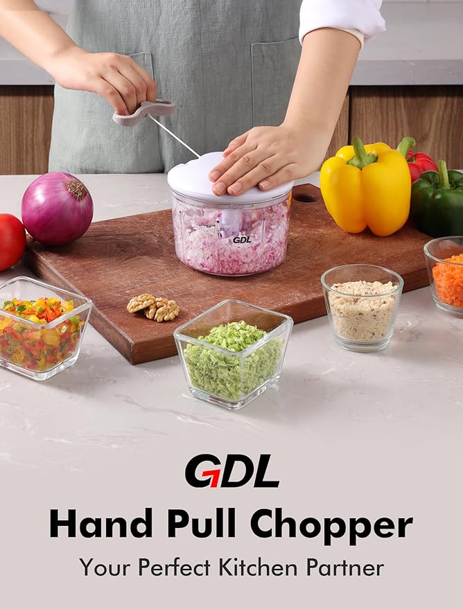 GDL Food Chopper, Pull Onion Chopper Dicer, Hand Powered Food Chopper, Fast Cutting Hand Chopper Mincer for Oinon, Garlic, Nut, 3.4 Cups 0.8L, White