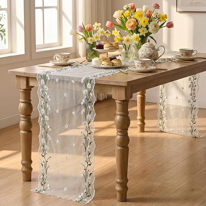 Artoid Mode Daisy Floral Milky White Shaped Gauze Embroidery Table Runner 120 Inch 10FT, Tulle Spring Summer Kitchen Dining Table Decor for Home Party