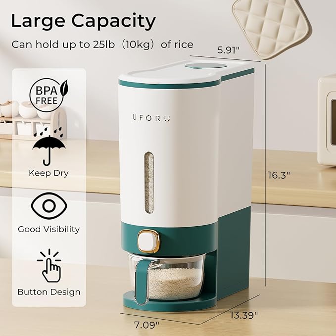 Rice Dispenser, Rice Storage Container with Measuring Cup for Kitchen Pantry Household, Cereal Dry Food Storage Containers Airtight, Sealed Moisture Proof (Green 22 Lbs)