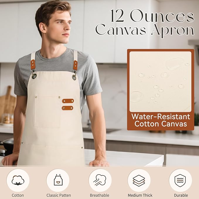 Chef Aprons for Men Women with Large Pockets, Cotton Canvas Water Repellent Kitchen Apron for Cooking