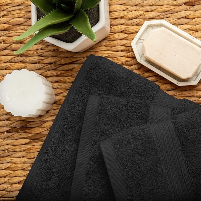 Superior Egyptian Cotton Pile 3 Piece Towel Set, Includes 1 Bath, 1 Hand, 1 Face Towel/ Washcloth, Ultra Soft Luxury Towels, Thick Plush Essentials, Guest Bath, Spa, Hotel Bathroom, Black