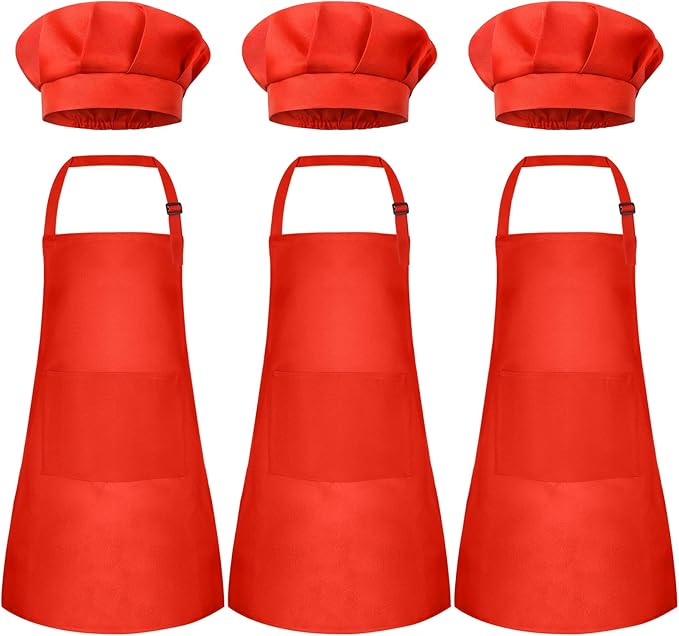 Kids Apron and Chef Hat Set Children Apron Adjustable with 2 Pockets Children Chef Painting for Cooking Baking