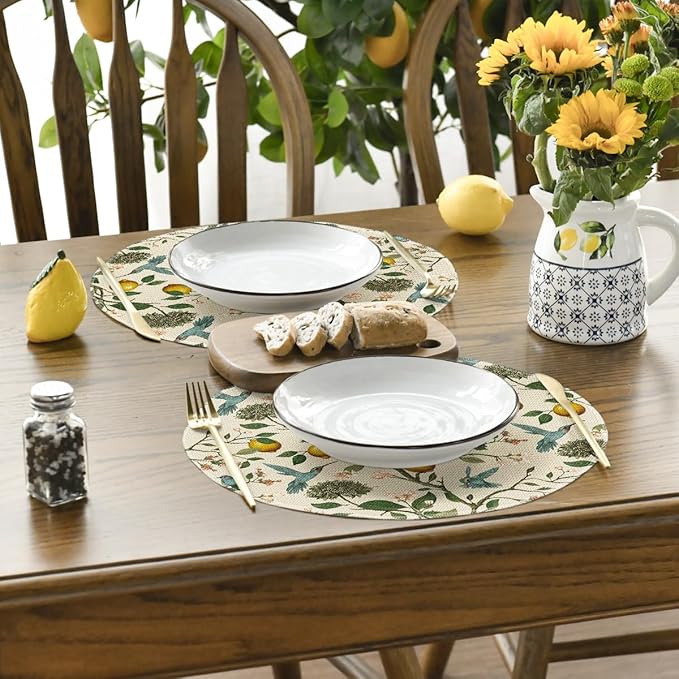 Artoid Mode Brown Lemon Tree Bird Flower Round Summer Placemats Set of 4, 14 Inch Spring Farmhouse Round Table Mats for Dining Decoration