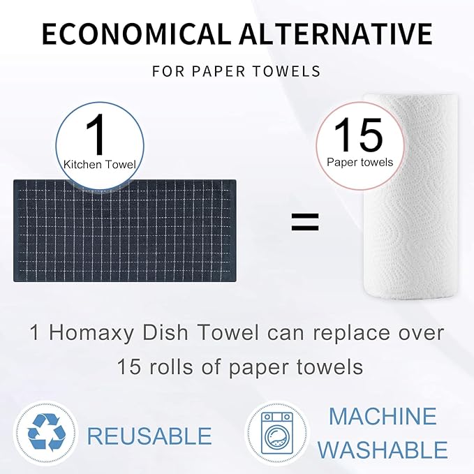 Homaxy 100% Cotton Terry Kitchen Towels(Dark Grey, 13 x 28 inches), Checkered Designed, Soft and Super Absorbent Dish Towels, 5 Pack