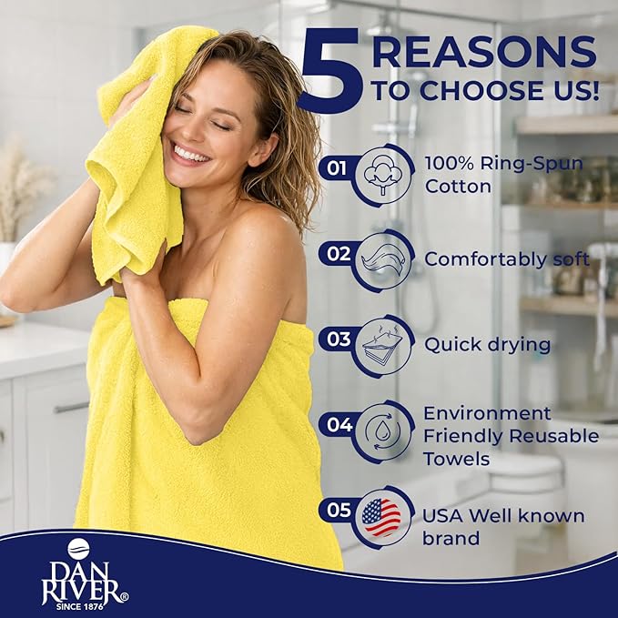 DAN RIVER 8 PC Luxury Bath Towels for Bathroom, 2 Bath, 2 Hand, and 4 Wash Cloths, 600 GSM 100% Ring Spun Cotton Towel Set, Highly Absorbent, Gym, Hotel, and Spa, Yellow