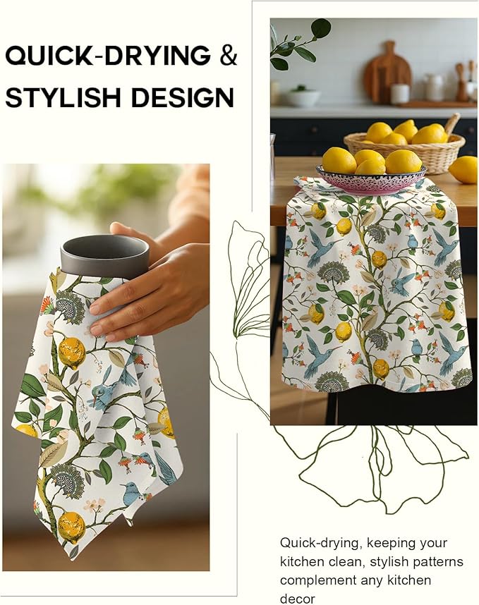Miss Adola Flour Sack Kitchen Towels Set of 2-18x26 Cotton Dish Towels with Hanging Loop Reusable Tea Towel for Cleaning Spring Absorbent Dishcloths Cute Home Decor Housewarming, Lemon Birds