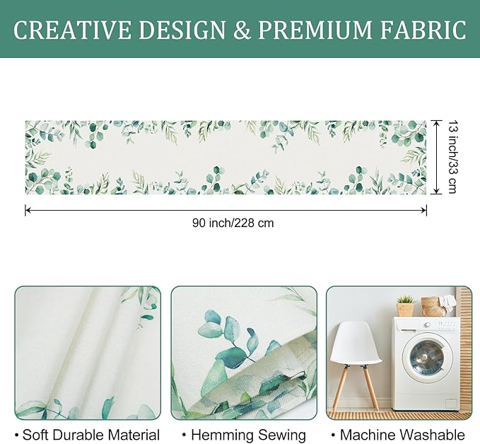 Bonhause Eucalyptus Leaves Table Runner 13x90 Inch Green Leaf Plants Spring Summer Seasonal Holiday Kitchen Dining Table Decoration for Indoor Outdoor Home Party Decor