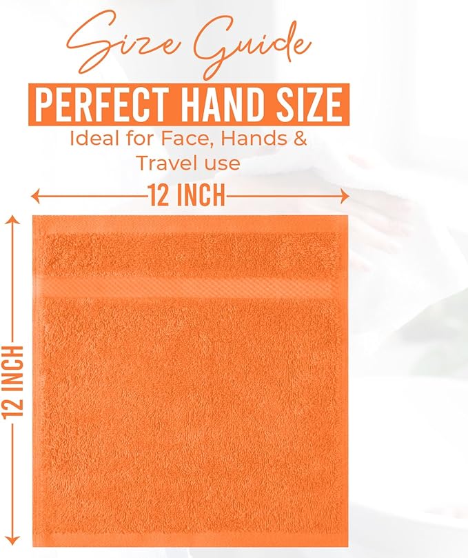 DAN RIVER 12-Pack Premium 100% Cotton Orange Face Towels for Bathroom - Reusable Face Wash Cloths for Showering 12x12 Inches - 550 GSM Super Soft & Absorbent Luxury WashCloths for Body, Spa & Gym
