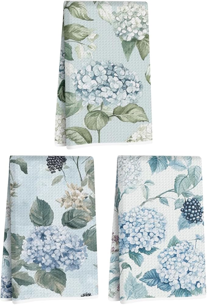 3 Pcs Blue Hydrangea Kitchen Towels, Watercolor Decorative Absorbent Microfiber Dish Cloth Tea Towel, Rustic Waffle Soft Hand Towels for Farmhouse Home Bathroom, Housewarming Gifts