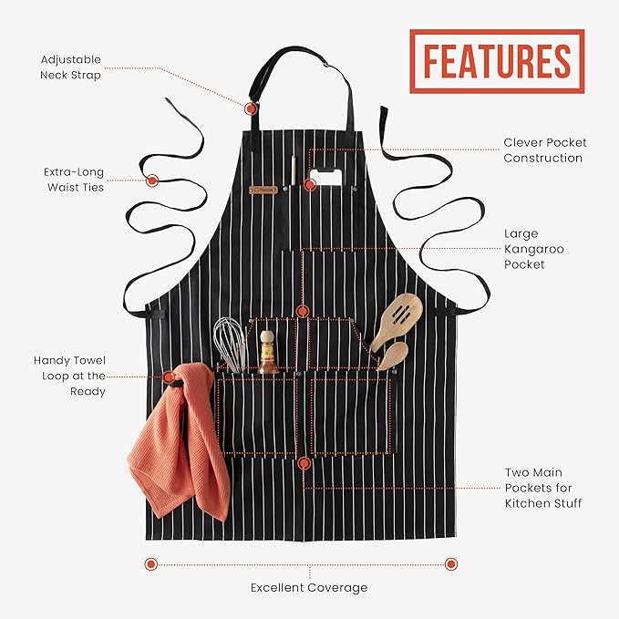Chef Pomodoro Chef Apron for Men and Women - Kitchen Apron with Pockets & Adjustable Neck Straps - Cooking Apron 100% Cotton