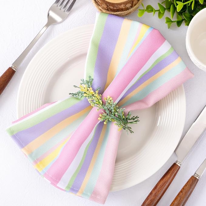Socomi Easter Cloth Napkins Pastel Stripe Washable Spring Napkins 17"x17" for Wedding Party Bridal Baby Shower Birthday Table Decorations Set of 10