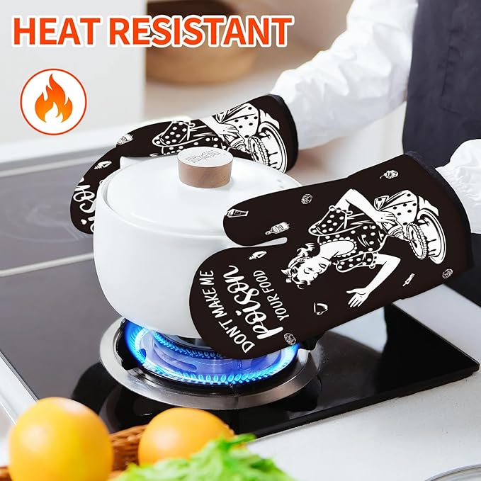 Funny Oven Mitts and Pot Holders Sets Black Kitchen Accessories Cute Kitchen Decor Funny House Warming Gifts Heat Resistant Cooking Baking Gifts for Women (Black, Oven Mitts & Pot Holders)