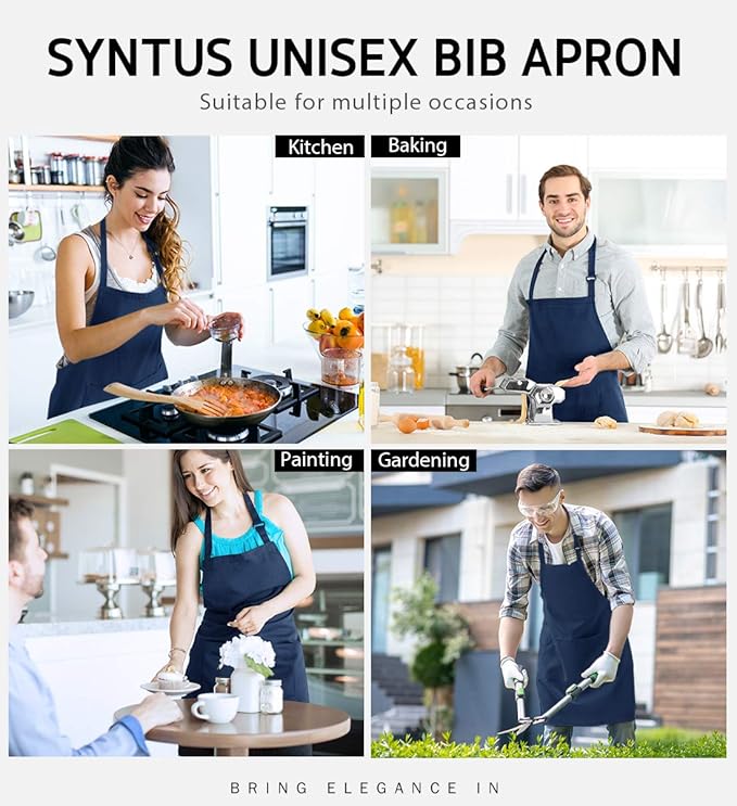 Syntus 12 Pack Bib Apron, Unisex Aprons Adjustable Waterdrop Resistant with 2 Pockets Cooking Kitchen Apron for Chef, BBQ Drawing Apron Bulk, Nautical Blue