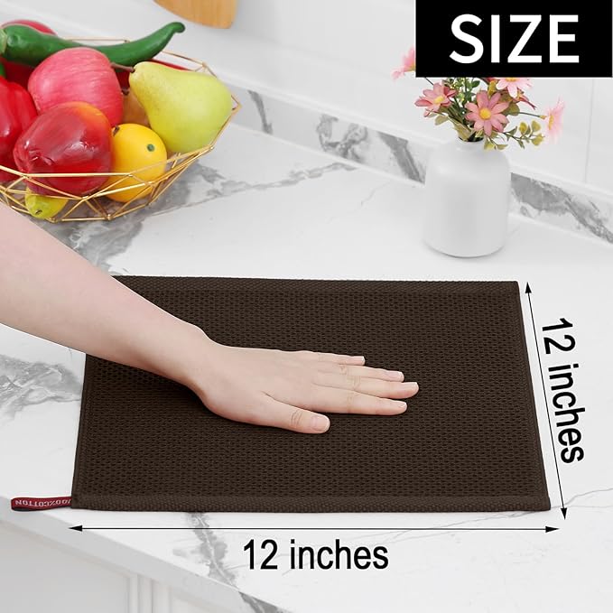 Homaxy 100% Cotton Waffle Weave Kitchen Dish Cloths, 7-Pack Ultra Soft Absorbent Dish Towels, Quick Drying Dish Rags, 12 x 12 Inches, Dark Brown