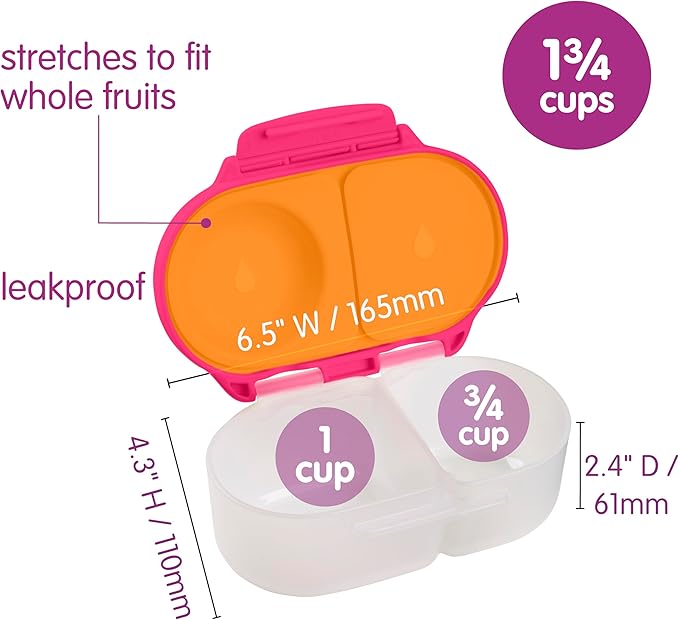 b.box Snack Box 2-Pack - Leak Proof Mini Bento Box for Kids & Toddlers, 2 Compartment Snack Containers for Kids, Dishwasher Safe, BPA-Free, PFAS-Free, Ages 4mo+, 1 3/4 Cup Each (Strawberry + Lilac)