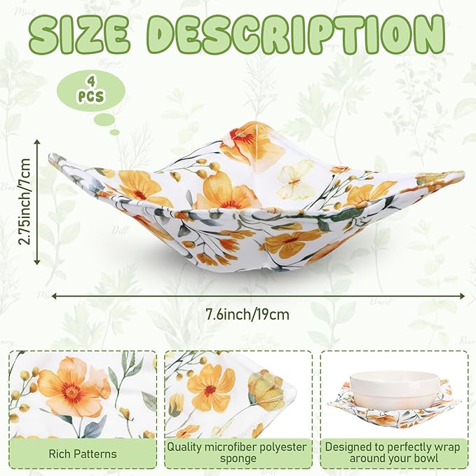 Chengu 4 Pcs Vivid Floral Cotton Microwave Bowl Cozy Holders for Hot Food Hot Pad Soup Bowl Potholder Heat Resistant Multipurpose Quilted Safe Holder for Kitchen Plate Supply Bright Colors